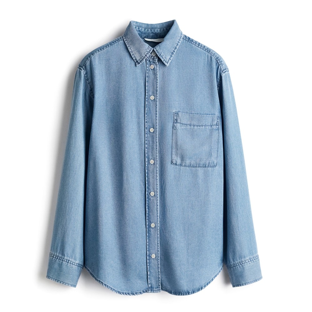 H&M Denim Blue Collared Button-Up Shirt Pocket Blue Size S Lyocell